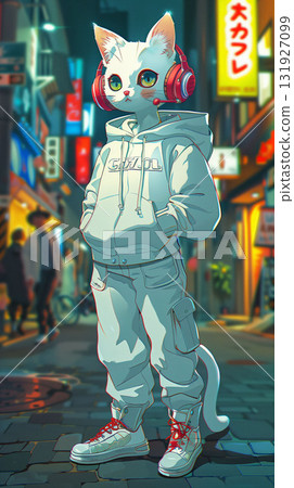 A young cat character walking around town listening to music. Urban and cool atmosphere. 131927099