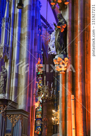 The interior of the church, with its pop atmosphere created by the blue-orange lighting. The interior of the church, with its pop atmosphere created by the blue-orange lighting. 131927231