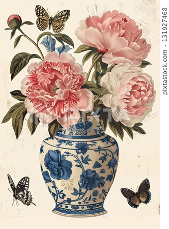 The bouquet of pink peonies in the vase exudes a sense of romance and sophistication with its lush and full blooms. 131927468