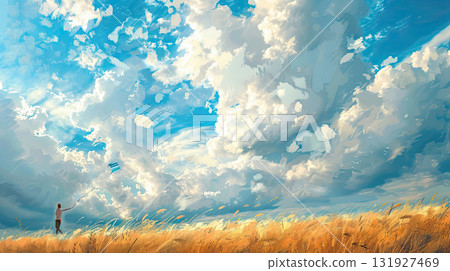 A cheerful child running through a grassy field, flying a bright kite high against a clear blue sky. 131927469