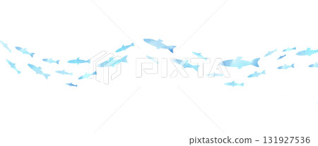 Watercolor illustration of blue fish swimming like waves 131927536