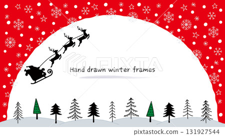 A frame of Santa Claus pulling a sleigh running through the sky in a snowy field. Christmas background. 131927544