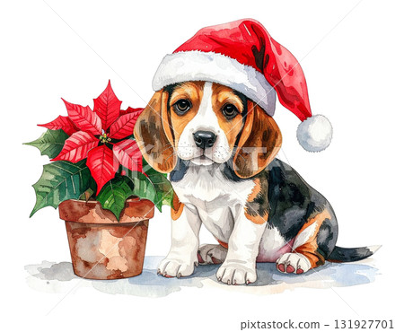 優雅的比格犬聖誕老人和盆栽一品紅水彩插圖 2 / 傳單和海報材料 131927701