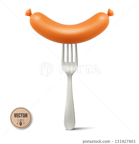 Vector 3d Sausage on Fork, Isolated. Grilled Sausage with Metal Fork. Hot Dog Sausage Food Icon for Menu, Cafe, BBQ, Street Food, Butcher Shop, Oktoberfest, Packaging, Label, Recipe, Cooking 131927801