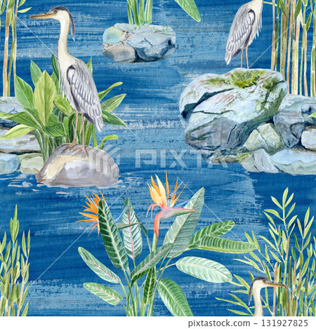 Asian-inspired landscape with herons, tropical plants, stones, water. Watercolor seamless pattern on blue background. Perfect for botanical designs, exotic patterns, nature themes, zen-style Asian-inspired landscape with herons, tropical plants, stones, water. Watercolor seamless pattern on blue background. Perfect for botanical designs, exotic patterns, nature themes, zen-style 131927825