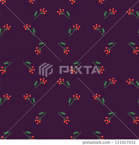 Holly branches and red berries isolated on dark purple background. Perfect for Christmas wrapping paper, fabric prints, festive cards, digital design, scrapbooking, and cozy holiday home decor Holly branches and red berries isolated on dark purple background. Perfect for Christmas wrapping paper, fabric prints, festive cards, digital design, scrapbooking, and cozy holiday home decor 131927832
