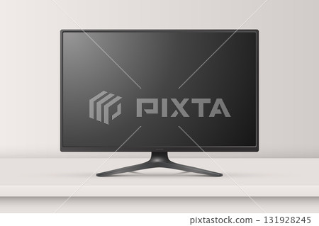 Vector 3d Realistic Monitor or TV On Desk. Front View Minimal Display. Blank Black Screen, Monitor Mockup. Clean TV Screen, LCD LED Display Design Template, Front View 131928245