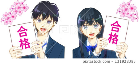 Anime-style illustration of high school or junior high school students, boys and girls, happy about passing the exam, white background Anime-style illustration of high school or junior high school students, boys and girls, happy about passing the exam, white background 131928383
