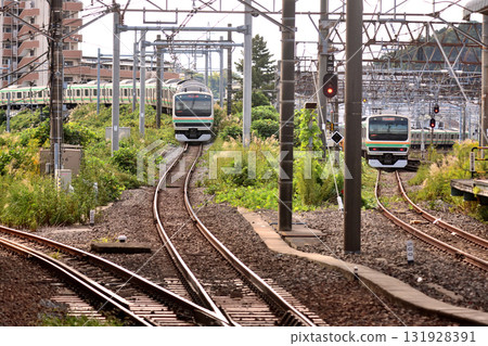A view of an upbound train on the Yokosuka Line and a downbound train on the Tokaido Line lined up side by side A view of an upbound train on the Yokosuka Line and a downbound train on the Tokaido Line lined up side by side 131928391