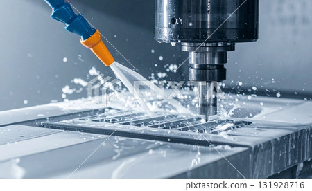 CNC milling machine processing on steel with cooling 131928716