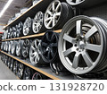 A lot of car rims on the shelf for sale 131928720