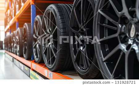 A lot of car rims on the shelf for sale 131928721