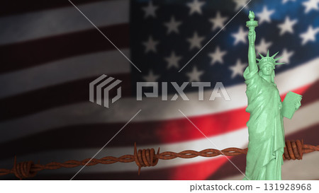 The Statue of Liberty on USA flag Background image 3d Rendering 131928968