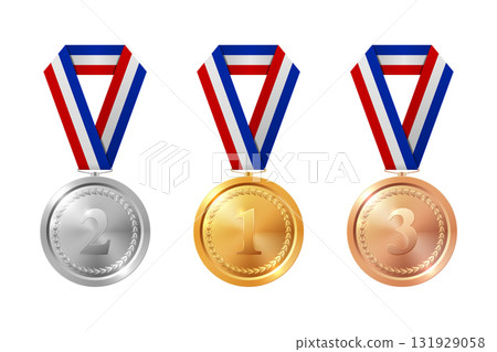 Vector 3d Realistic Gold, Silver, Bronze Medal Set. Award Medals for Sport. Medal Icon, Isolated. Medal Badge Collection. Winner First Second Third Place Trophy Design Template for Championship 131929058