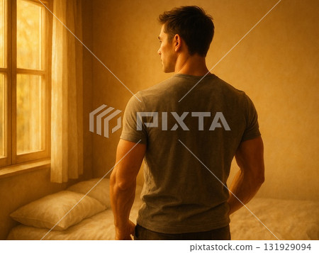 The beauty of a man's quiet back in the autumn morning light 131929094