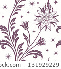 The image showcases a whimsical floral design in muted violet against a white 131929229