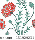 The image is a seamless floral pattern featuring stylized red poppy flowers and green buds and stems on a white 131929231