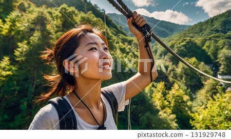 Exhilarating zipline! A fantastical sky adventure and smiling digital art Exhilarating zipline! A fantastical sky adventure and smiling digital art 131929748