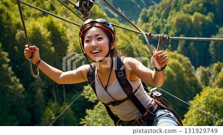Exhilarating zipline! A fantastical sky adventure and smiling digital art 131929749