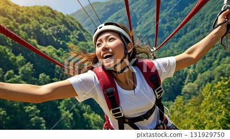 Exhilarating zipline! A fantastical sky adventure and smiling digital art Exhilarating zipline! A fantastical sky adventure and smiling digital art 131929750