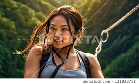 Exhilarating zipline! A fantastical sky adventure and smiling digital art 131929751