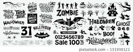 Happy Halloween silhouettes black and white collections ideas banner design elements white background 131930121