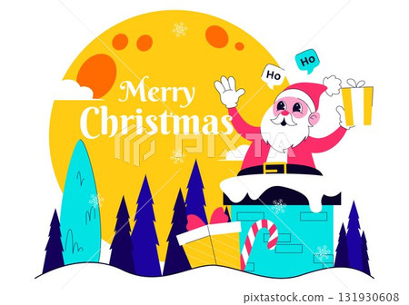 Merry Christmas Celebration Vector Illustration Featuring Santa Claus, Gift Boxes, Christmas Tree, Snow, and Holiday Decorations in Flat Background 131930608
