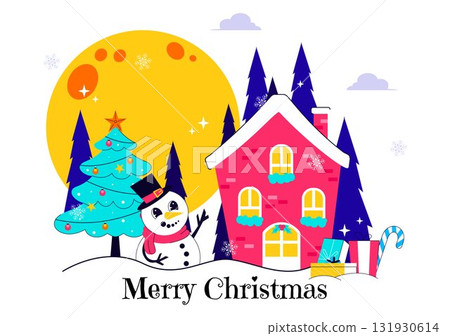 Merry Christmas Celebration Vector Illustration Featuring Santa Claus, Gift Boxes, Christmas Tree, Snow, and Holiday Decorations in Flat Background 131930614