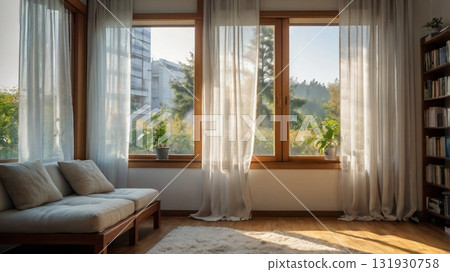 A female college student enjoys reading in the gentle breeze in a white-themed room. 131930758