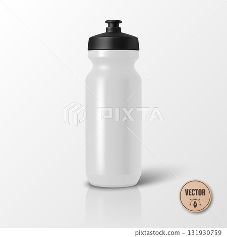 Vector 3d Realistic Sports Water Bottle Mockup Isolated. Blank Plastic Cycling Water Bottle with Black Cap. Water Bottle Template. Vector Sport Bottle for Fitness, Gym, Branding, Packaging Design 131930759