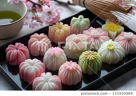 handcrafted Japanese wagashi, specifically delicate nerikiri sweets, placed on an elegant black lacquer tray 131930864