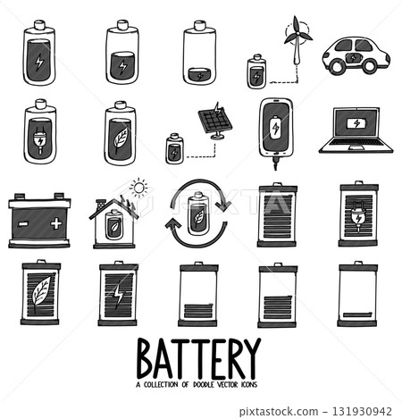 Battery Related Doodle vector icon set. Drawing sketch illustration hand drawn line eps10 Battery Related Doodle vector icon set. Drawing sketch illustration hand drawn line eps10 131930942