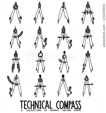 Technical Compass Doodle vector icon set. Drawing sketch illustration hand drawn line eps10 Technical Compass Doodle vector icon set. Drawing sketch illustration hand drawn line eps10 131930943