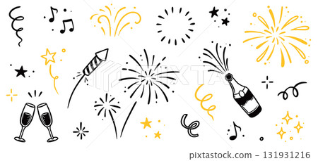 Fireworks new year set. Hand drawn vector elements with doodle golden confetti, firecracker and festive sparkle for birthday, party, or new year celebration. Gold firework vector 131931216