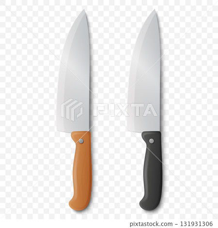 Vector 3d Chef Knife Icon Set, Top View. Stainless Steel Kitchen Knife, Isolated. Kitchen Knife with Brown and Black Handle. Chef Knife Clipart, Design Template 131931306