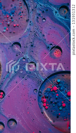 Ink splash. Bubbles background. Defocused purple pink blue color bright water round oil texture flowing on art vibrant abstraction. 131931312