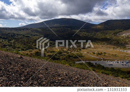 The parking lot and Jododaira Marsh seen from the summit of Azuma Kofuji in Fukushima 131931333