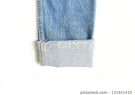 roll up sleeve of blue denim shirt texture isolated on white background, jean fashion style roll up sleeve of blue denim shirt texture isolated on white background, jean fashion style 131931410