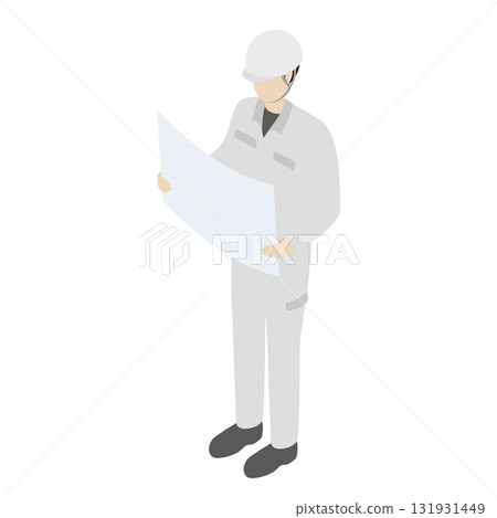 Isometric illustration of a construction worker holding a blueprint Isometric illustration of a construction worker holding a blueprint 131931449