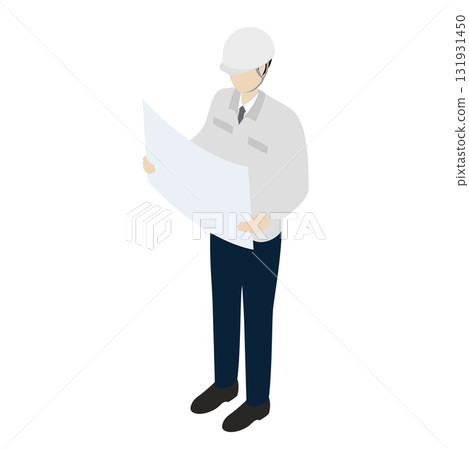 Isometric illustration of an architect wearing a work jacket checking drawings Isometric illustration of an architect wearing a work jacket checking drawings 131931450