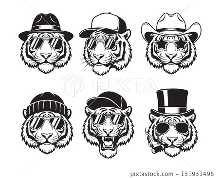 Vector set of cool tiger heads wearing sunglasses, various hats, and accessories, perfect for trendy, edgy branding. 131931498