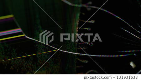 Screen glitch. Pixel texture. Defocused yellow pink purple color fluid distortion rainbow explode light vibration on dark black abstract digital bokeh art background. 131931638
