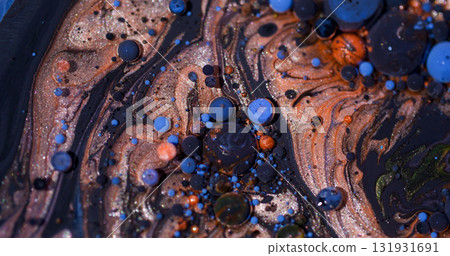 Dye oil. Bubble liquid. Defocused blue orange purple colorful ink round glitter vapor texture floating on art acrylic abstraction. 131931691