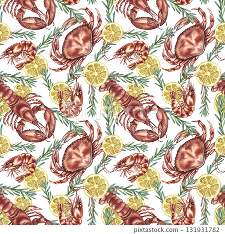 Seamless pattern featuring shrimp, crab, and lobster with lemon and rosemary. Hand-drawn watercolor illustration. Colorful seafood image. For menus, recipes, packaging, labels, and textiles. 131931782