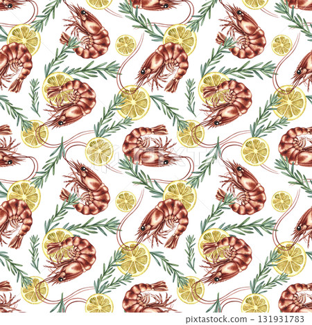 Seamless pattern with shrimp, lemon, and rosemary. Hand-drawn watercolor illustration. Colorful seafood image. Perfect for menus, recipe books, packaging, labels, and textiles. Seamless pattern with shrimp, lemon, and rosemary. Hand-drawn watercolor illustration. Colorful seafood image. Perfect for menus, recipe books, packaging, labels, and textiles. 131931783