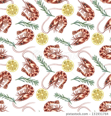 Seamless pattern with shrimp, lemon, and rosemary. Hand-drawn watercolor illustration. Colorful seafood image. Perfect for menus, recipe books, packaging, labels, and textiles. 131931784