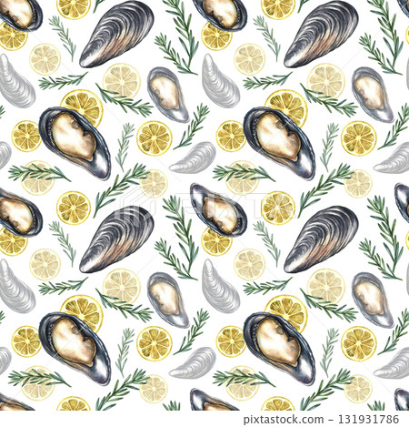 Seamless pattern with mussels, lemon, and rosemary. Hand-drawn watercolor illustration. Colorful image of a gourmet seafood dish. For menus, recipe books, packaging, labels, textiles, and more. Seamless pattern with mussels, lemon, and rosemary. Hand-drawn watercolor illustration. Colorful image of a gourmet seafood dish. For menus, recipe books, packaging, labels, textiles, and more. 131931786