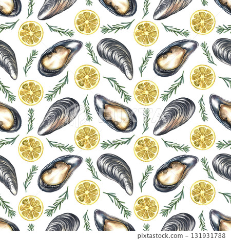 Seamless pattern with mussels, lemon, and rosemary. Hand-drawn watercolor illustration. Colorful image of a gourmet seafood dish. For menus, recipe books, packaging, labels, textiles, and more. 131931788