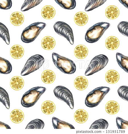 Seamless pattern with mussels and lemon. Handmade watercolor illustration. Colorful image of a gourmet seafood dish. Suitable for menus, recipe books, packaging, labels, textiles, and more. Seamless pattern with mussels and lemon. Handmade watercolor illustration. Colorful image of a gourmet seafood dish. Suitable for menus, recipe books, packaging, labels, textiles, and more. 131931789