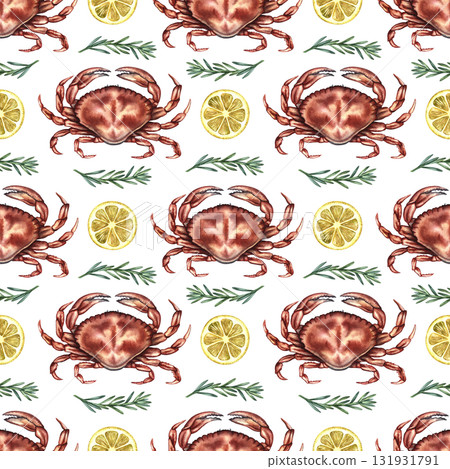 Seamless pattern with crabs, lemon, and rosemary. Hand-drawn watercolor illustration. Colorful image of a seafood dish. For menus, recipe books, packaging, and labels. 131931791